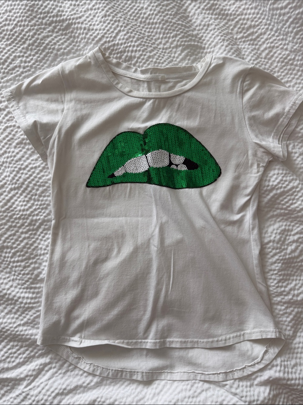 White Tee with Green Sequin Lip Graphic